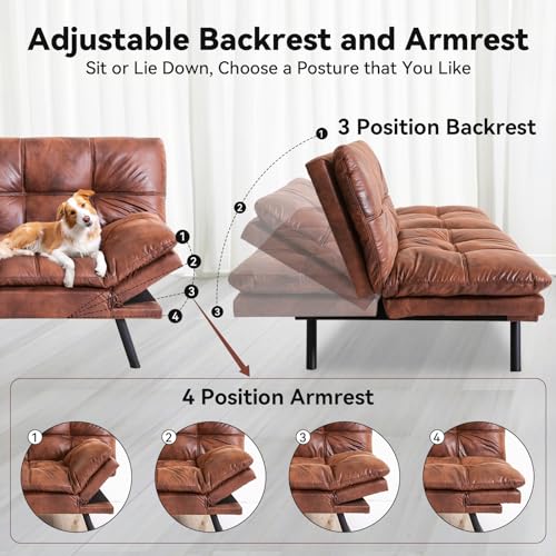 Futon Sofa Bed, Faux Leather Futons, Memory Foam Futon Couch, Convertible Sleeper Sofa, Modern Loveseat Couch Bed for Living Room, Apartment, Office, Dormitory, Brown, Updated Quality