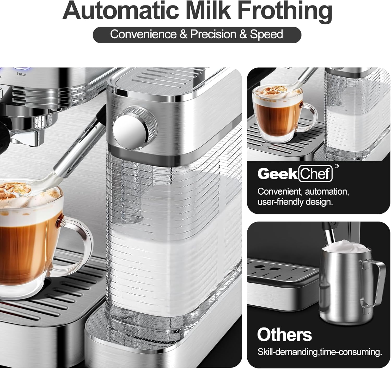 Geek Chef Espresso Machine with Built-In Automatic Milk Frother, 7-in-1 Cappuccino & Latte Machine for Home, 80s Get Americano Coffee, ESE POD Filter, 20 Bar, Stainless Steel