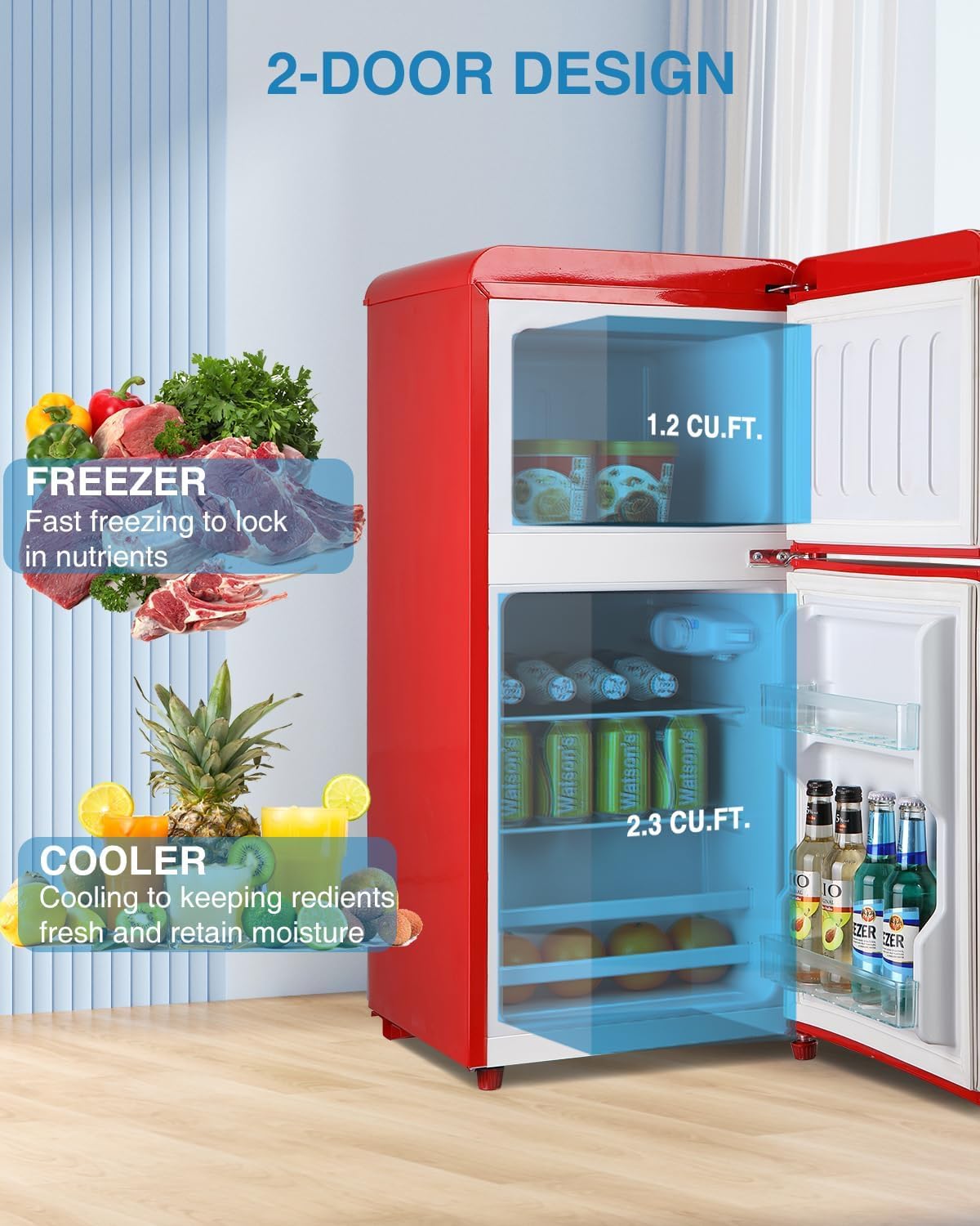 Mini Refrigerator with Freezer 3.5 Cu.Ft, Mini Fridge with 7 Settings Temperature, Adjustable Shelves, 2 Doors, Low Noise, Mini Refrigerator for Apartment, Bedroom, Office, Dorm Red