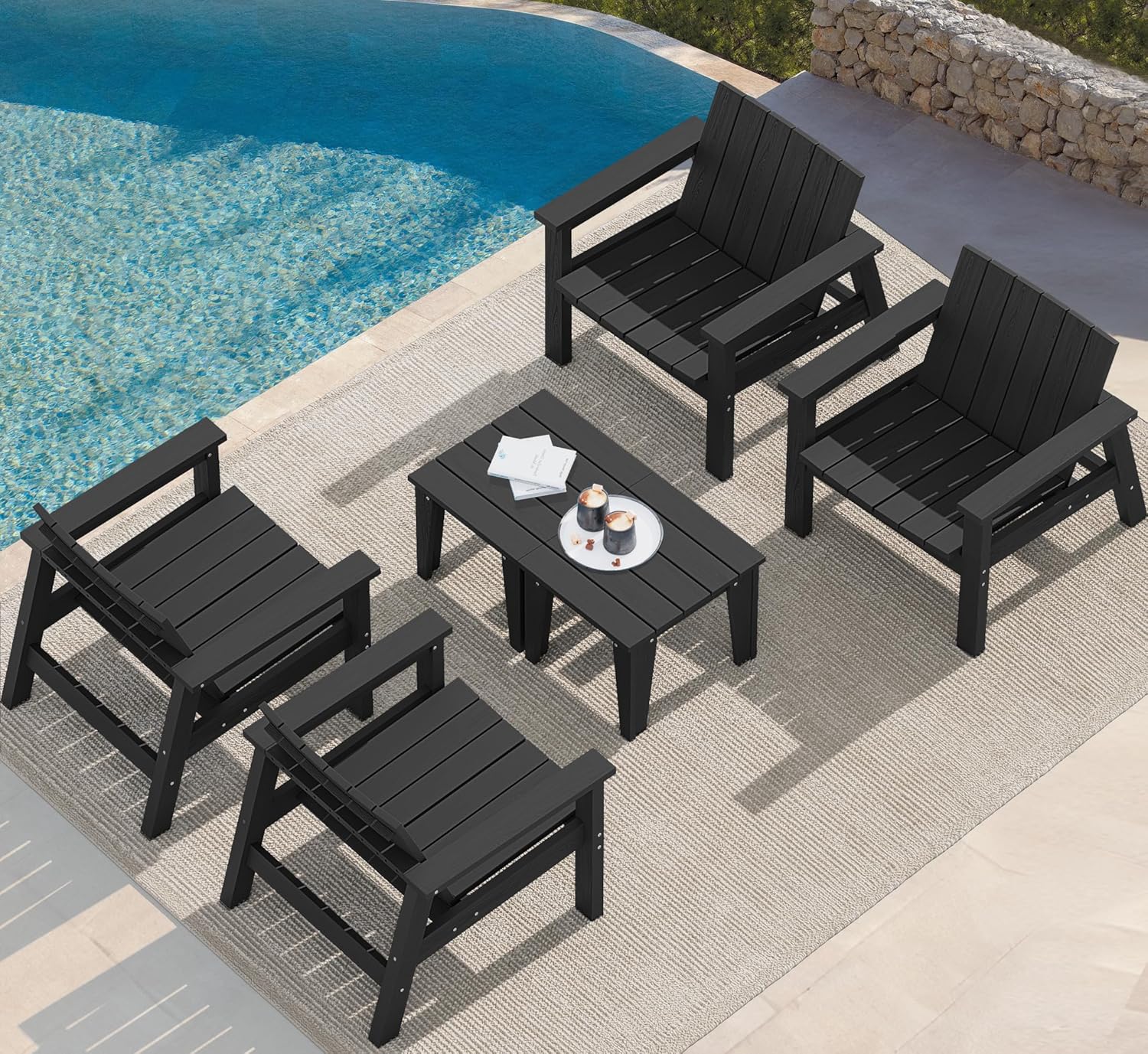 SERWALL 3 Piece Patio Bistro Set HDPE Adirondack Chair Sets with Side Table, includes Adirondack Chairs Set of 2 and 1 Adirondack Table for Patio, Lawn, Backyard- Black