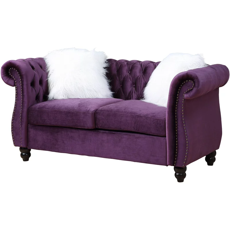 Bowery Hill Transitional Loveseat with 2 Pillows in Purple Velvet