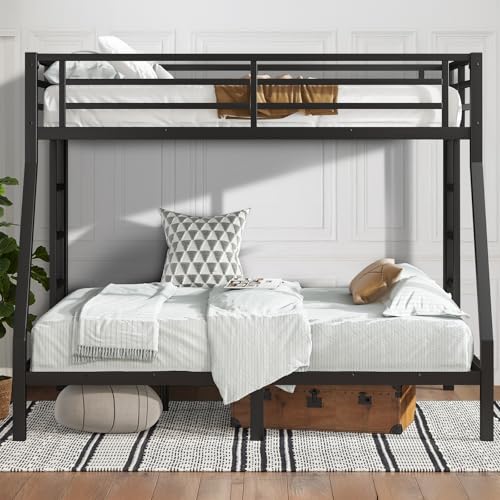Twin XL Over Twin XL Bunk Bed, Metal Bunk Bed Frame Heavy Duty Bunk Beds Loft Bed Frame with Ladder and Guardrail Metal Slats No Box Spring Required for Adults Teens, Black