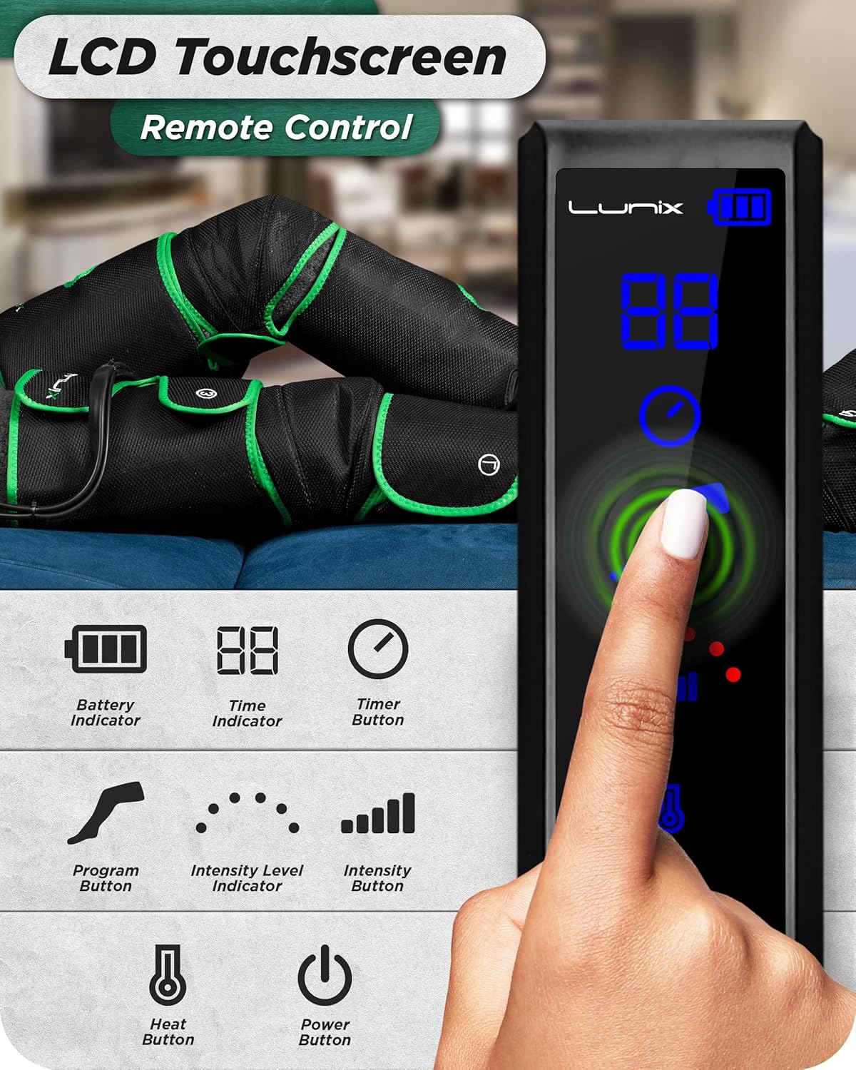 Lunix LX10 Foot, Calf, Leg Air Compression Massager Machine, Cordless and Rechargeable Thigh and Knee Boots Device with Heat for Circulation and Recovery, Legs Pain Relief, Green