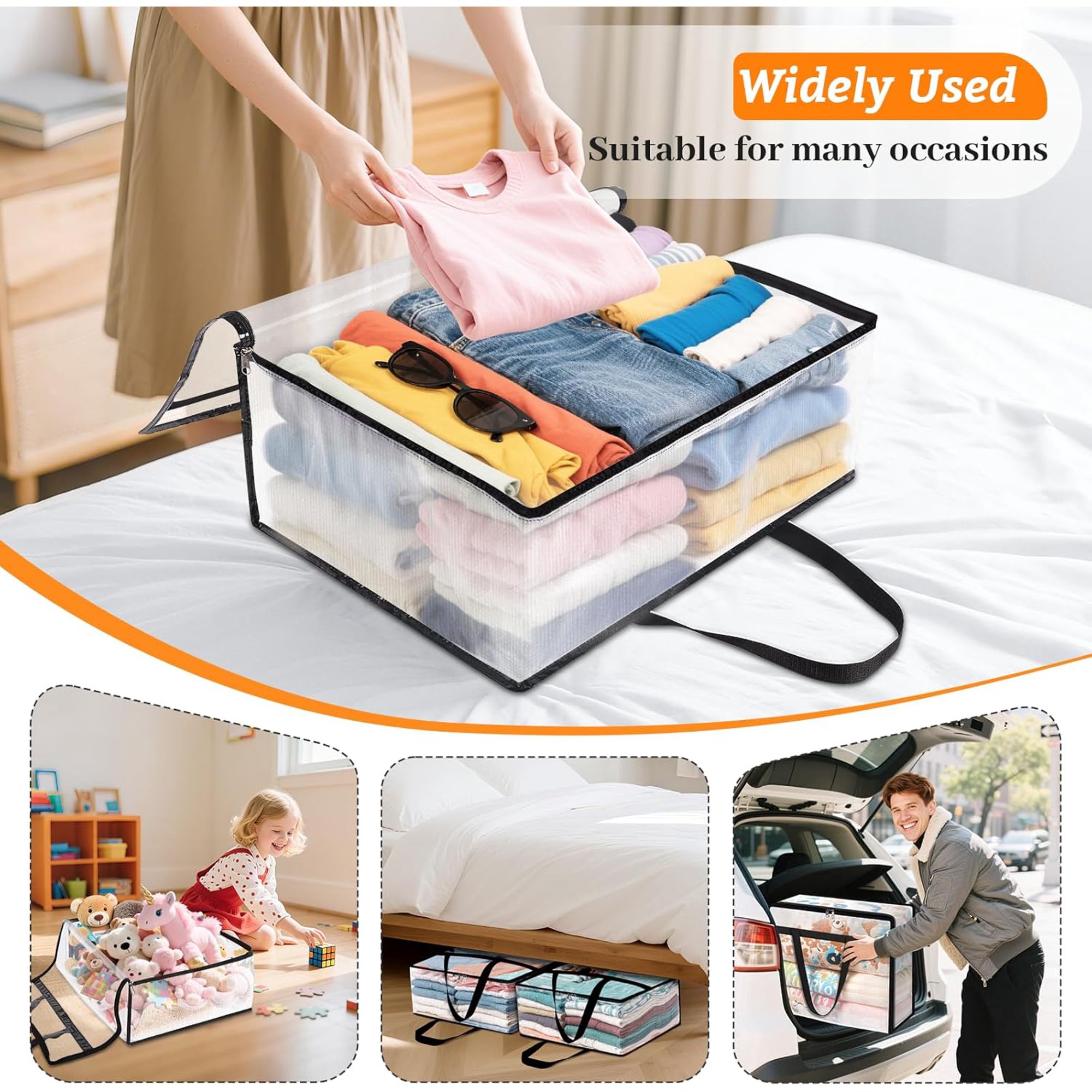 8 Pack Clear Clothes Storage Bags, Moving Bags, Foldable Blanket Storage Under Bed Storage Containers with Sturdy Zipper and Handle for Clothing, Comforter, Bedding, Sheet (90L)