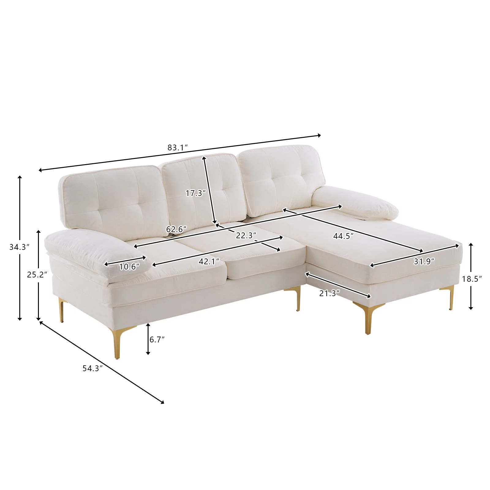 Tenozek Simple And Stylish Sectional Sofa Couch for Living Room, 83 inch L-Shape Sofa Couch 3-seat Sofas Gold-Plated Legs for Small Space, Beige