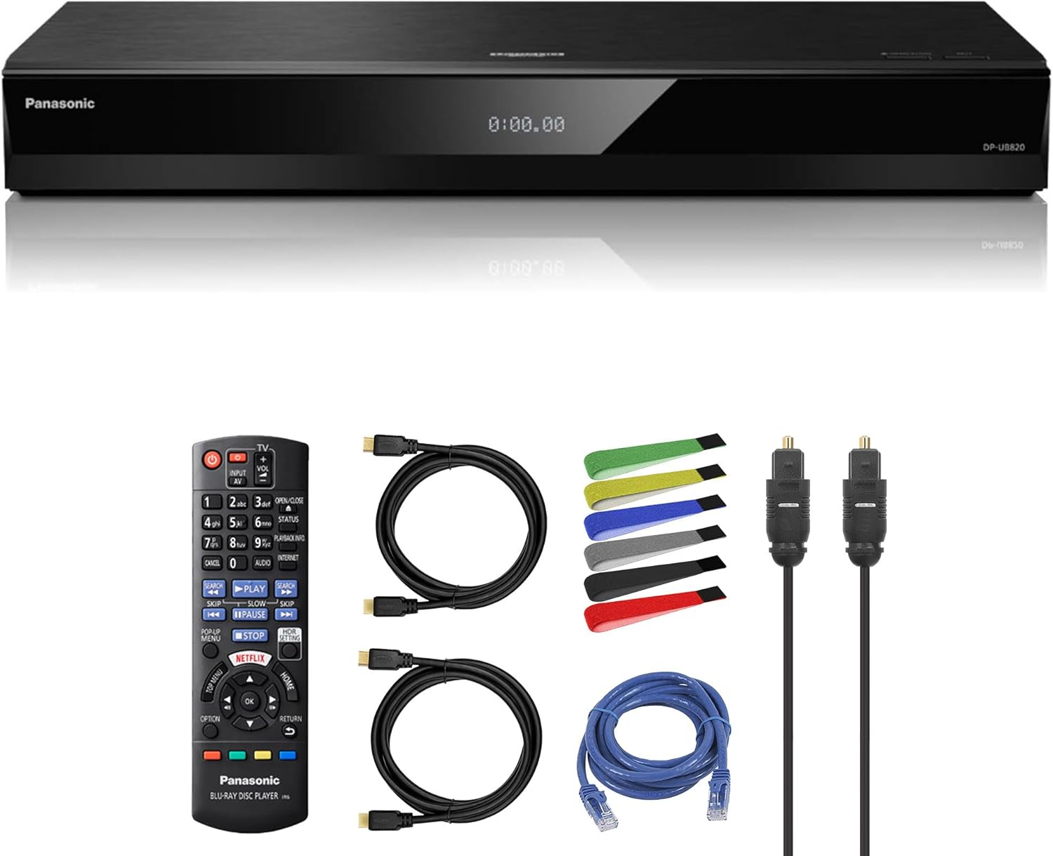 Panasonic DP-UB820-K HDR10+, 4K UHD, Dolby Vision, Network Streaming Blu-ray Player (DP-UB820-K) + Network Cable + Optical Audio Cable + 2 x HDMI Cable + Cable Ties