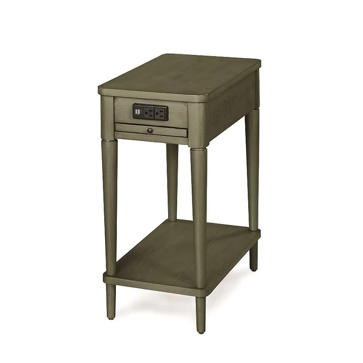 Gracewood Hollow  Distressed Solid Wood Charging Chairside End Table Green Distressed, Painted Solid Wood, Charging Station