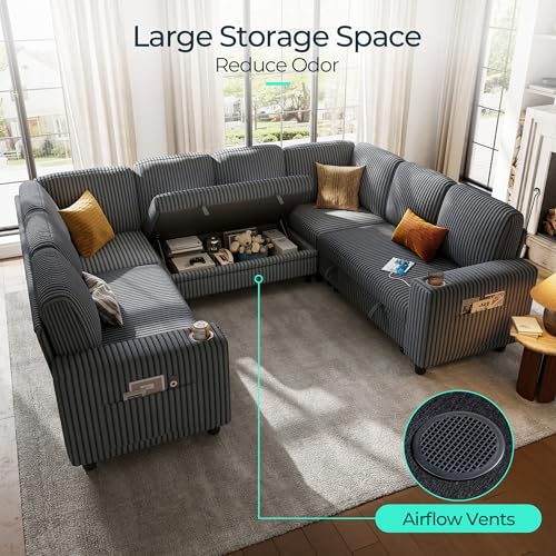 LINSY HOME Sectional Sleeper Sofa with Pull Out Couch Bed Convertible Plush Corduroy Cloud Couch with Storage Chaise & USB Charging, Comfy L Shaped Modular Couches for Living Room Apartment (Grey)