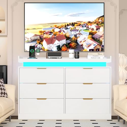 White Dresser with LED Lights, Wooden LED Dresser, 4 Drawer Chest with Charging Station, Tall Chest of Drawer Closet Organizer for Bedroom, Living Room, Entryway, Hallway