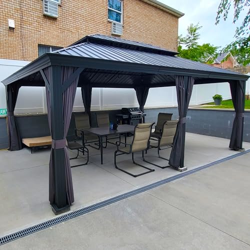 PURPLE LEAF 10' X 14' Permanent Hardtop Gazebo Aluminum Gazebo with Galvanized Steel Double Roof for Patio Lawn and Garden, Curtains and Netting Included, Grey