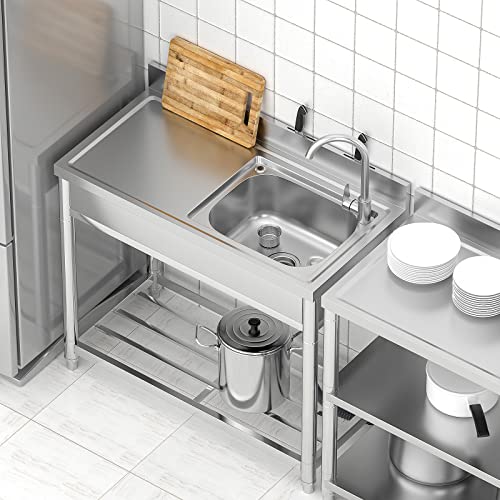 Free Standing Stainless-Steel Single Bowl Commercial Restaurant Kitchen Sink Set w/Faucet, Prep & Utility Washing Hand Basin w/Storage Shelve, laundry tub for Indoor Outdoor (22in)