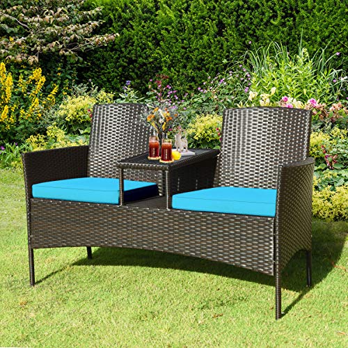 LDAILY Patio Conversation Set, Modern Rattan Loveseat, Outdoor Furniture Set with Removable Cushions & Table, Patio Wicker Sofa Set, Tempered Glass Top, Ideal for Garden Lawn Backyard