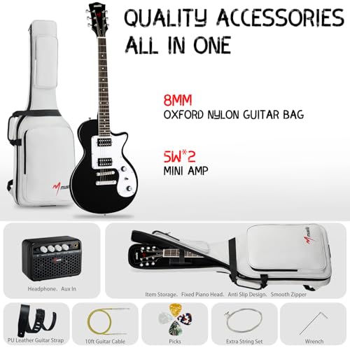 MLP-1 39 Inch Electric Guitar Kit, Beginner LP Full Size Solid Body Electric Guitar With HH Pickups, Gig Bag, Amplifier, Strap, Cable, Picks, String (White)