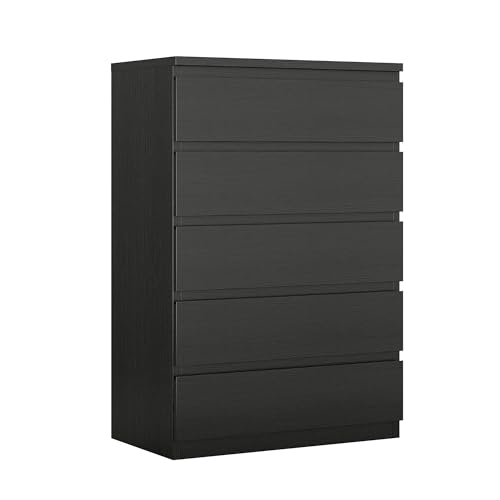 Black Modern 5 Drawer Dresser for Bedroom, 15" D x 23.7" W x 40.4" H in Simply Chest of Drawers, Wood Storage Dresser with Deep Drawers for Living Room Hallway Entryway, Black