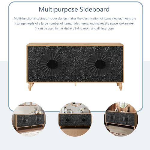 Sideboard Buffet Cabinet with Storage, Large Kitchen Storage Cabinet with Carved Door, Wood Coffee Bar Cabinet Buffet Table Console for Living Room Entryway Dining Room, Black+White