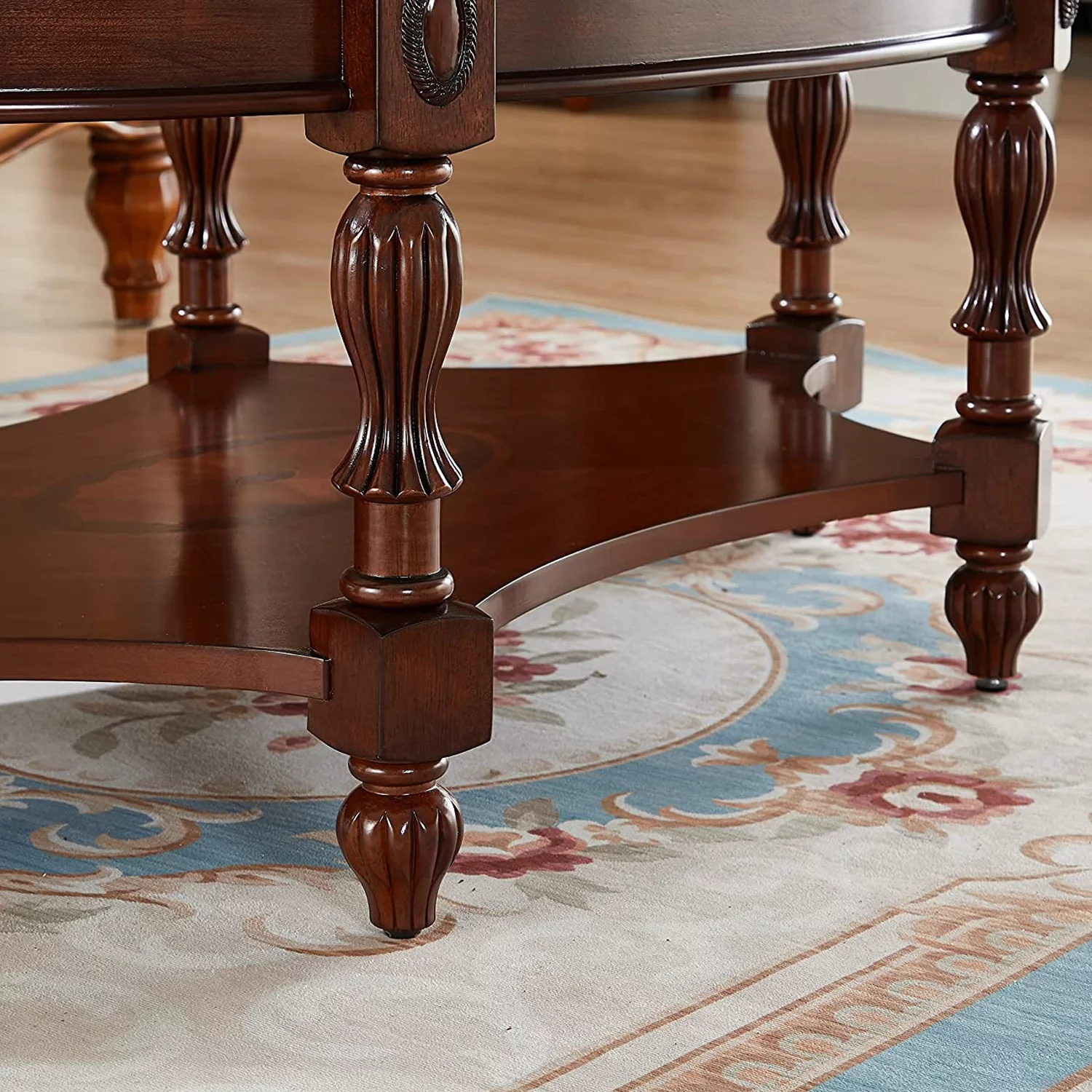Gexpusm Oval Glass Coffee Tables for Living Room, 2-Tier Solid Wood Coffee Table with Storage Shelf, Vintage Cocktail Table, Dark Brown