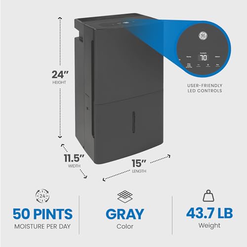 GE 50 Pint Portable Large Room Dehumidifier with Humidistat & Built-in Pump for Bathroom, Bedroom, Basement, and Home Wet Spaces, Gray (Renewed)
