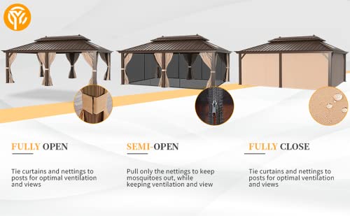 YOLENY 10' x 12' Hardtop Gazebo, Wood-Looking Gazebo with Galvanized Steel Double Roof, Aluminum Frame, Permanent Metal Pavilion with Netting and Curtains for Deck, Backyard, Patio and Lawns
