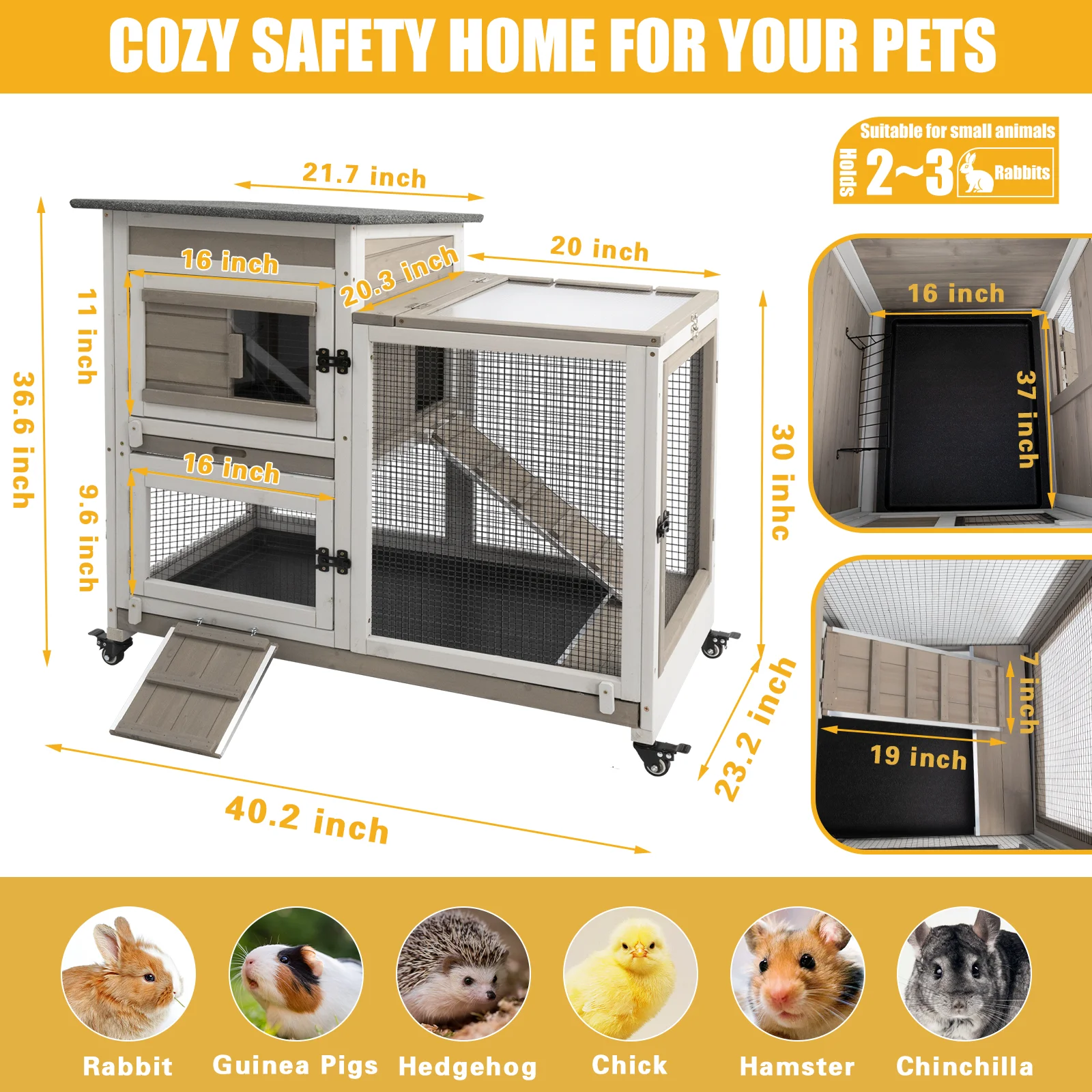 PETSCOSSET 40"L Rabbit Hutch Indoor Wooden Large Bunny Hutch Outdoor 2 Story Rabbit Cage on 4 Metal Wheels with Run and 2 Pull Out Trays UV Panel Guinea Pig Pet House for Small to Medium Animals