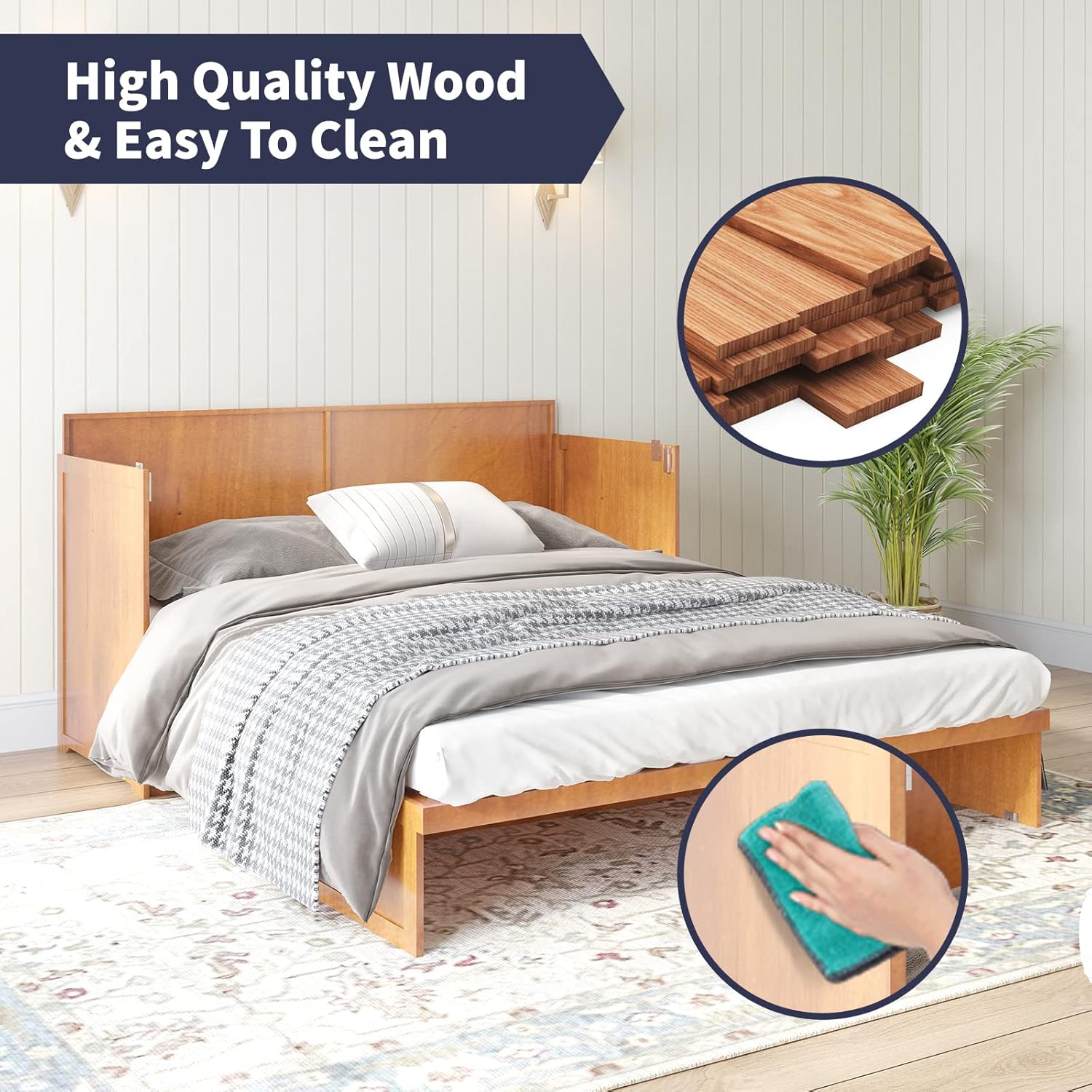 Multifunctional Murphy Cabinet Bed with Built-in USB Power Strip& 2 Drawers, Foldable Platform Bed - Cherry