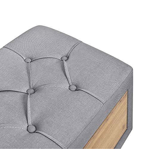 Upholstered Wooden Storage Ottoman Bench with 2 Drawers Button-Tufted Linen Padded Footstool Modern End of Bed Bench Entryway Storage Bench for Living Room Dining Room, Gray