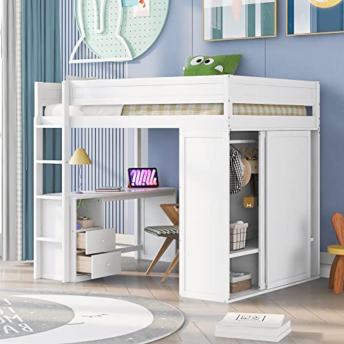 Full Size Loft Bed with Storage Wardrobe and Desk Wooden Loft Beds Frame with Drawers and Cabinet Wood High Loft Beds with Ladder for Kids Teens Adults, White