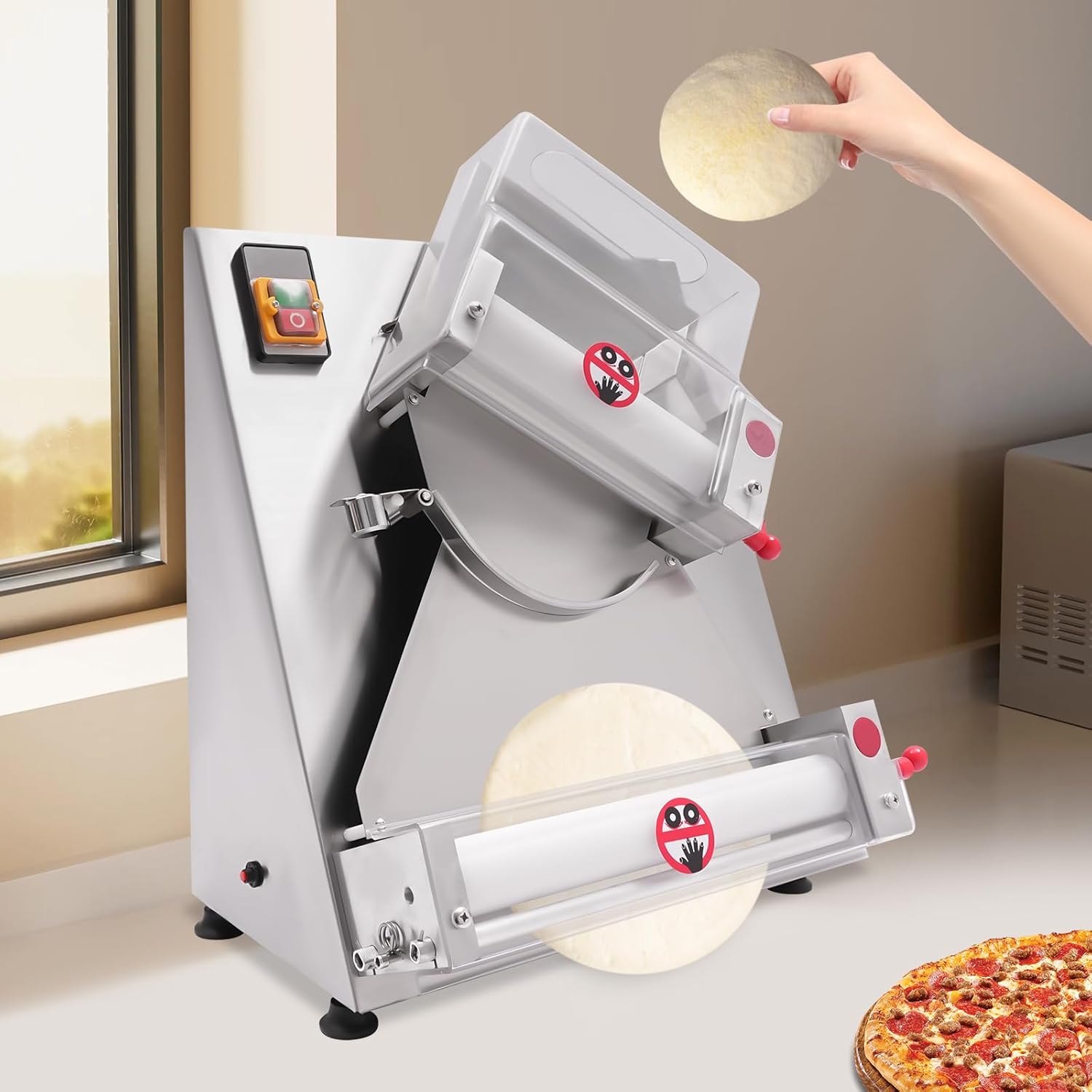 Commercial Pizza Dough Roller Sheeter, Max 12" Dough Roller Sheeter, Stainless Steel Dough Rolling Machine Adjustable Thickness, 370W Electric Pizza Dough Roller for Noodle, Bread and Pasta Maker