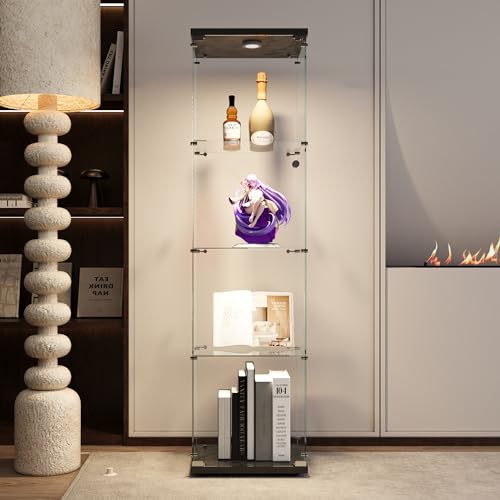 Two-Door Glass Display Cabinet 4 Shelves with Door, Floor Standing Curio Bookshelf for Living Room Bedroom Office, 64.7"*31.7"*14.3", White