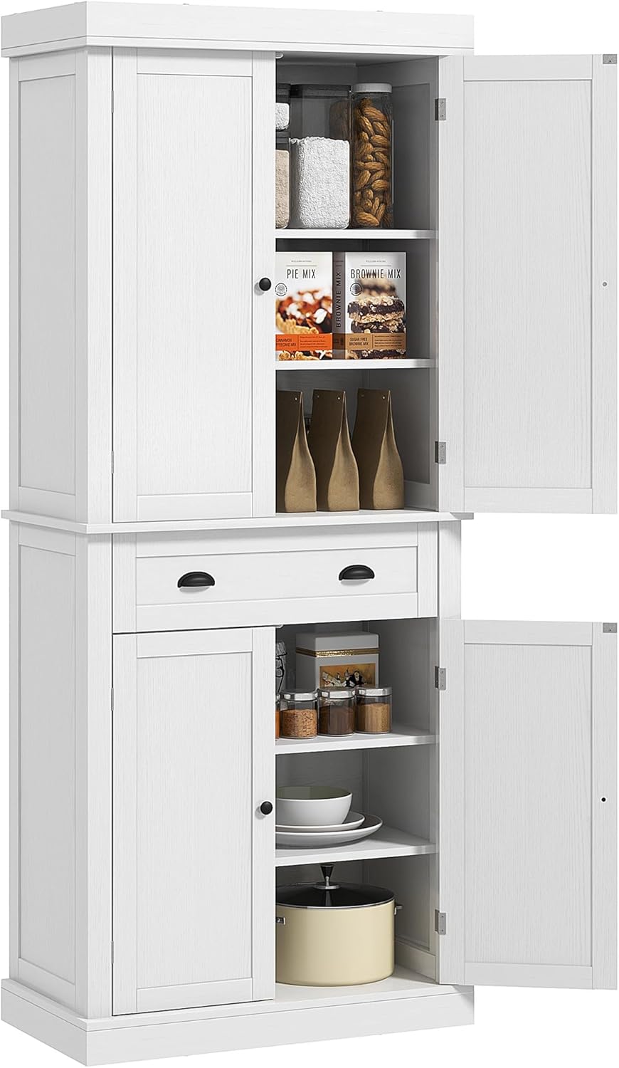 72.5" Height Kitchen Pantry Cabinet, Farmhouse Freestanding Storage Cupboard with 4 Doors, One Drawer, 3 Adjustable Shelves, Hutch Bar Cabinet for Dining Room, Bathroom, Kitchen