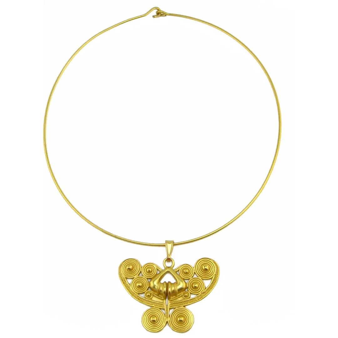 Across The Puddle, Historical Jewelry Collection, 24k Gold Plated Omega Choker Necklace with a Pre-Columbian Spirals Butterfly Pendant
