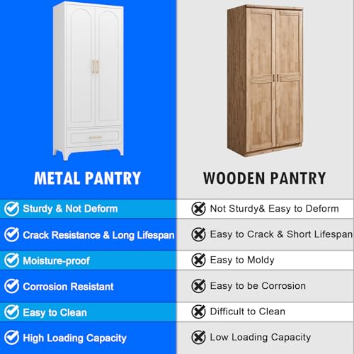 Metal Storage Cabinet with Doors and Shelves, 71 Inch Tall Kitchen Pantry Cabinet, Pantry Cabinets for Kitchen Storage, Freestanding Cupboard for Living, Dining Room, White, Assembly Required