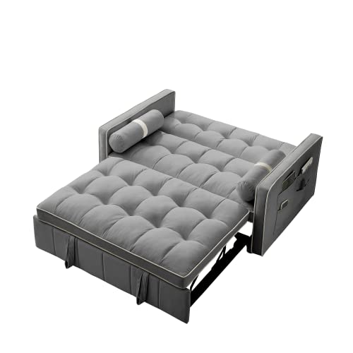 Velvet Sleeper Sofa 54" Convertible Sofa Recliner Bed 3-in-1, 3-Position Adjustable Backrest, Two Side Pockets, 2 Pillows for Living Room, Apartment, Black