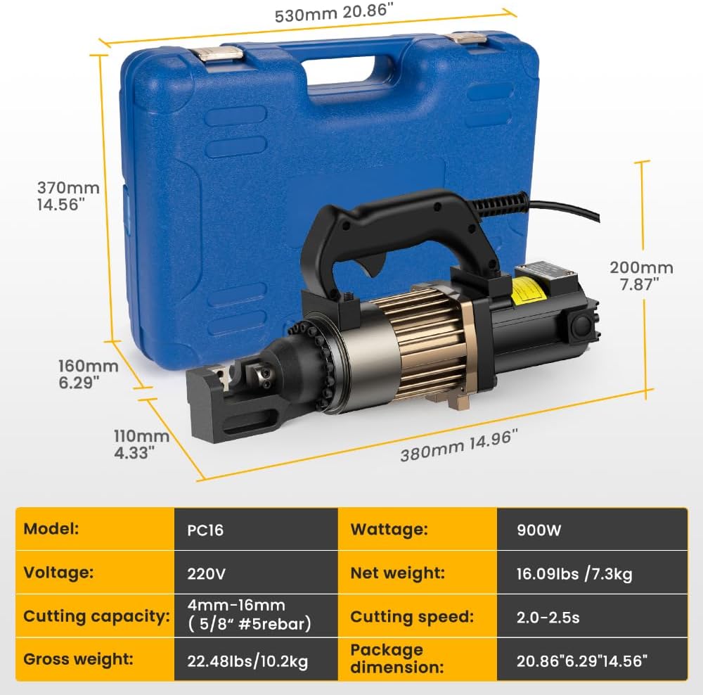 Anbull 900W Electric Hydraulic Rebar Cutter, Cutting up to 5/8 Inch 4-16mm #5 Rebar, with Replaceable Blades, Cutting Speed 2.5-3S, with Lighter Aviation Aluminum-alloy Frame (PC-16#5)