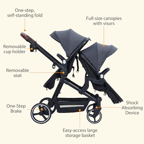 GAOMON Double Stroller Track Tandem Stroller for Infant and Toddler, Foldable Pushchair Bassinet Pram, Multi-Position Reversible & Adjustable Backrest, Large Storage Basket and Canopy, Light Gray