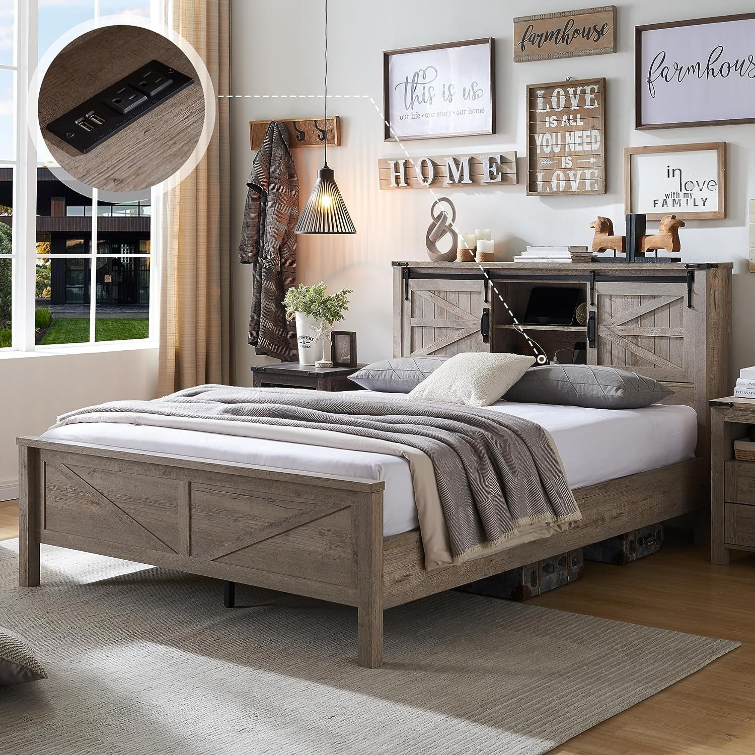 OKD Modern Farmhouse Full Platform Bed with Bookcase Headboard Storage and Charging Station, No Box Spring Needed, Anitique White Finish