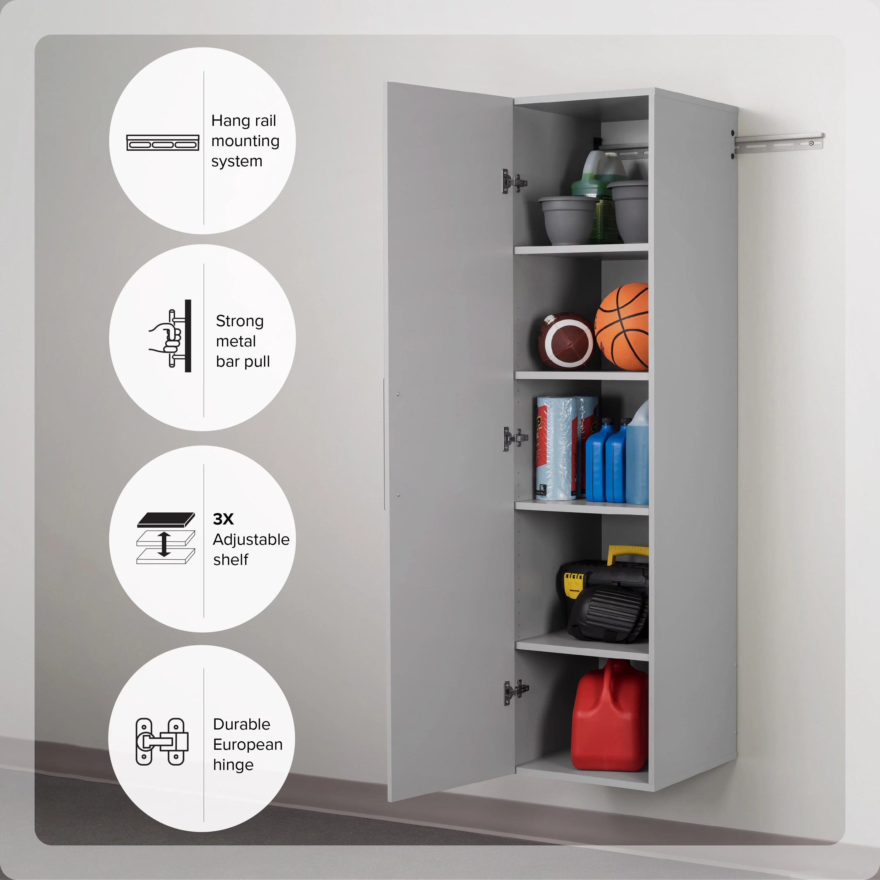 Prepac HangUps Narrow Wall Mounted Garage Storage Cabinet, 18" W x 72" H x 20" D, Light Gray