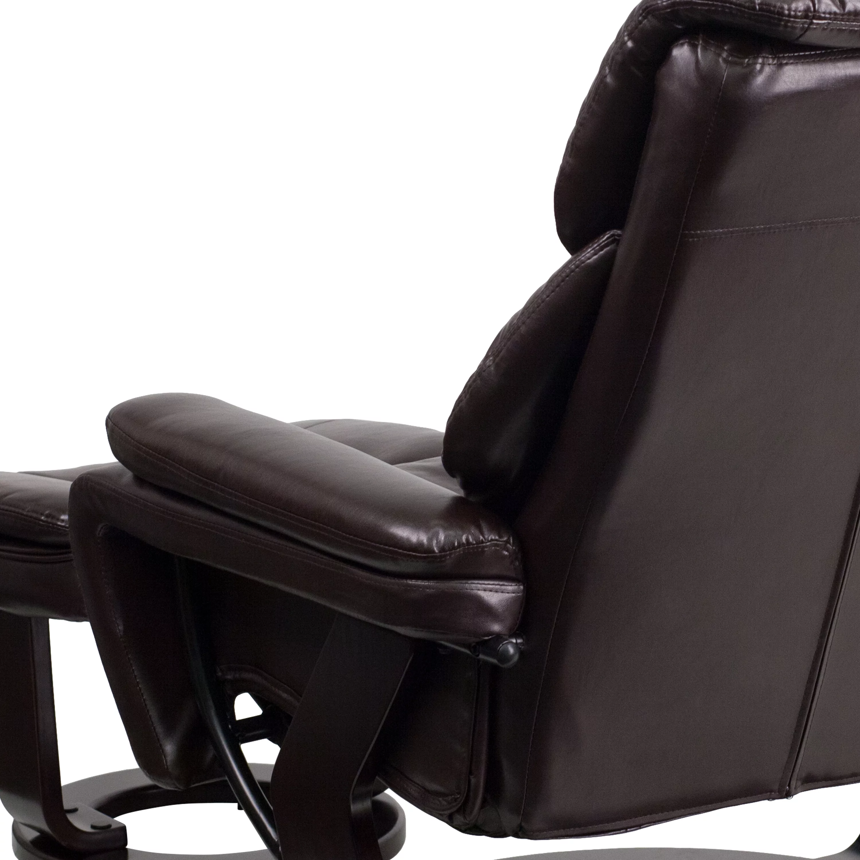 BizChair Contemporary Multi-Position Recliner and Ottoman with Swivel Mahogany Wood Base in Brown LeatherSoft