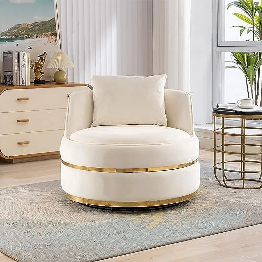HOOMHIBIU Swivel Accent Chair - Velvet Boucle Round Barrel Chair with Pillow  Oversized Cozy Single Sofa for Living Room  Bedroom with  Degree Rotation and Sturdy Stainless Steel Base (Wh