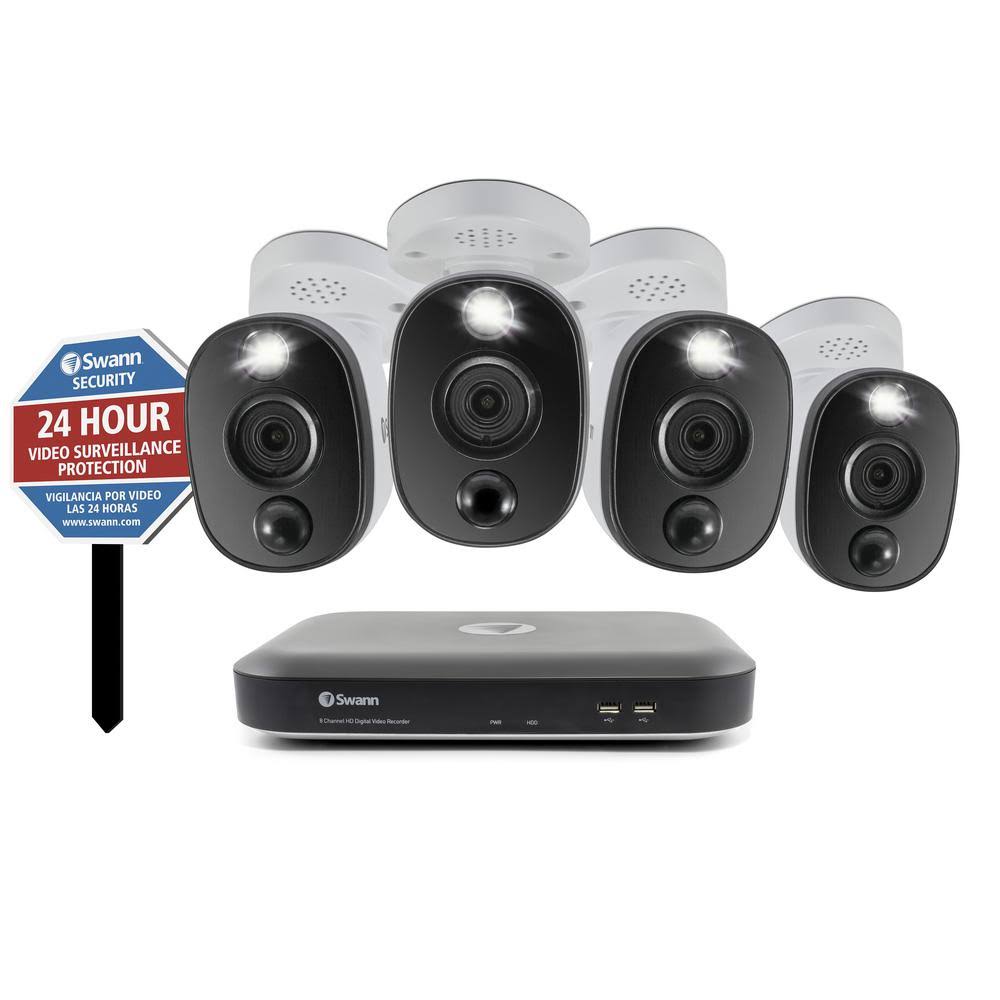 Swann 4 Camera 8 Channel 4K Ultra HD DVR Security System with Yard Stake, 4 Bullet Cameras w/ Warning Lights, Wired Surveillance