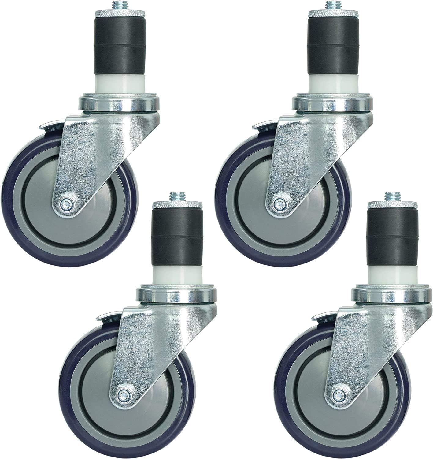 MySit 4 inch Work Table Caster Wheels for Commercial Kitchen Prep Tables, Expanding Stem Casters Set of 4 with Locking Brakes Fit Both 1-1/2 and 1-5/8 Leg Tube Adapter for Stainless Steel Worktable