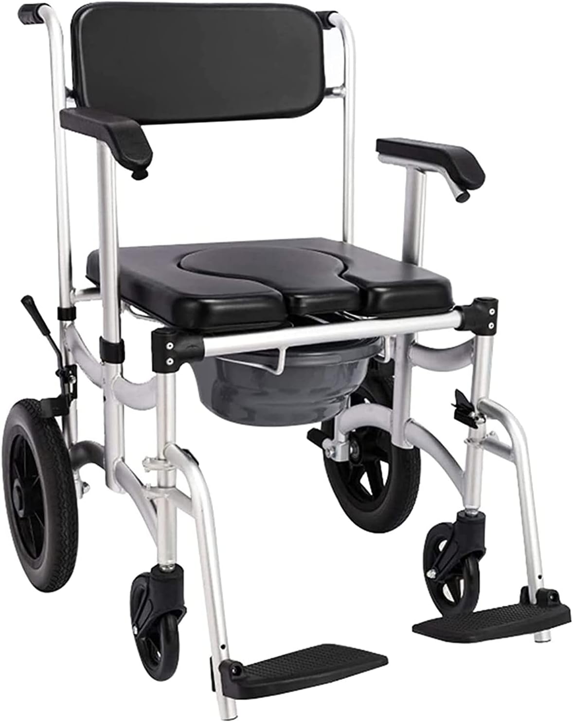 KOHARA Commode Shower Chair with Wheels, Bedside Commode/Wheelchair Padded Toilet Seat Shower Transport Chair with Arms Wheels Pedal Portable Aluminum Bath Chair for Elderly Disabled Pregnant
