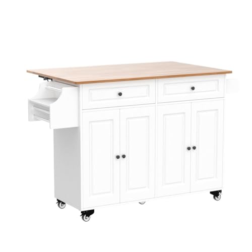 Kitchen Island with Drop Leaf and Storage, on Wheels Two Drawers, Large Storage Cabinet, Towel Rack Spice Cart Brown