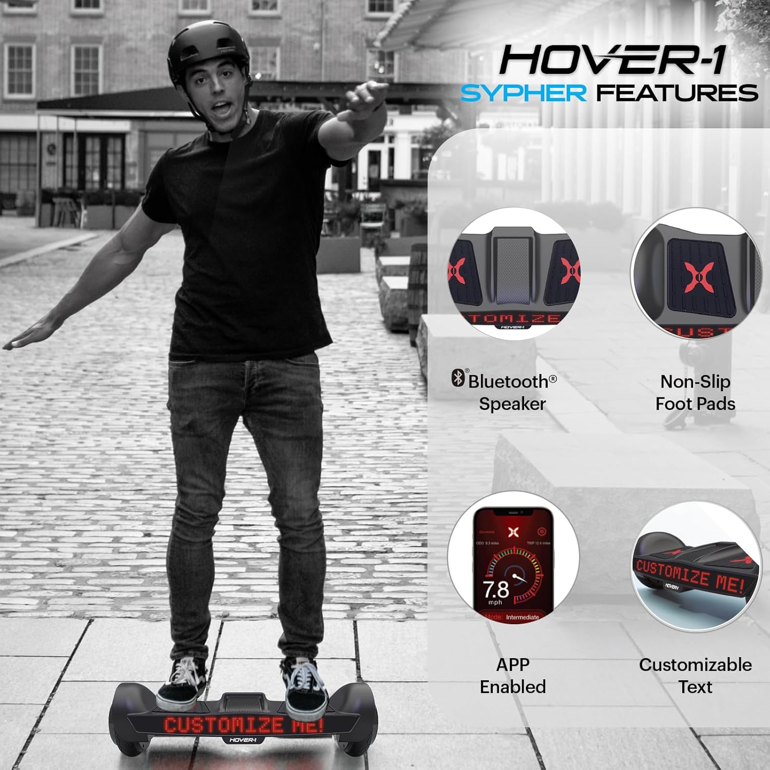Hover-1 Sypher Electric Self-Balancing Hoverboard with Customizable Screen, Dual 150W Motors, 7 mph Max Speed, and 7 Miles Max Range