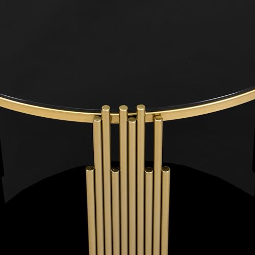 LUMISOL Round Mirror Coffee Table with Tempered Glass Tabletop and Circular Metal Drum Base, 31.5" Cocktail Table with Asymmetrical Metal Tubing, Black