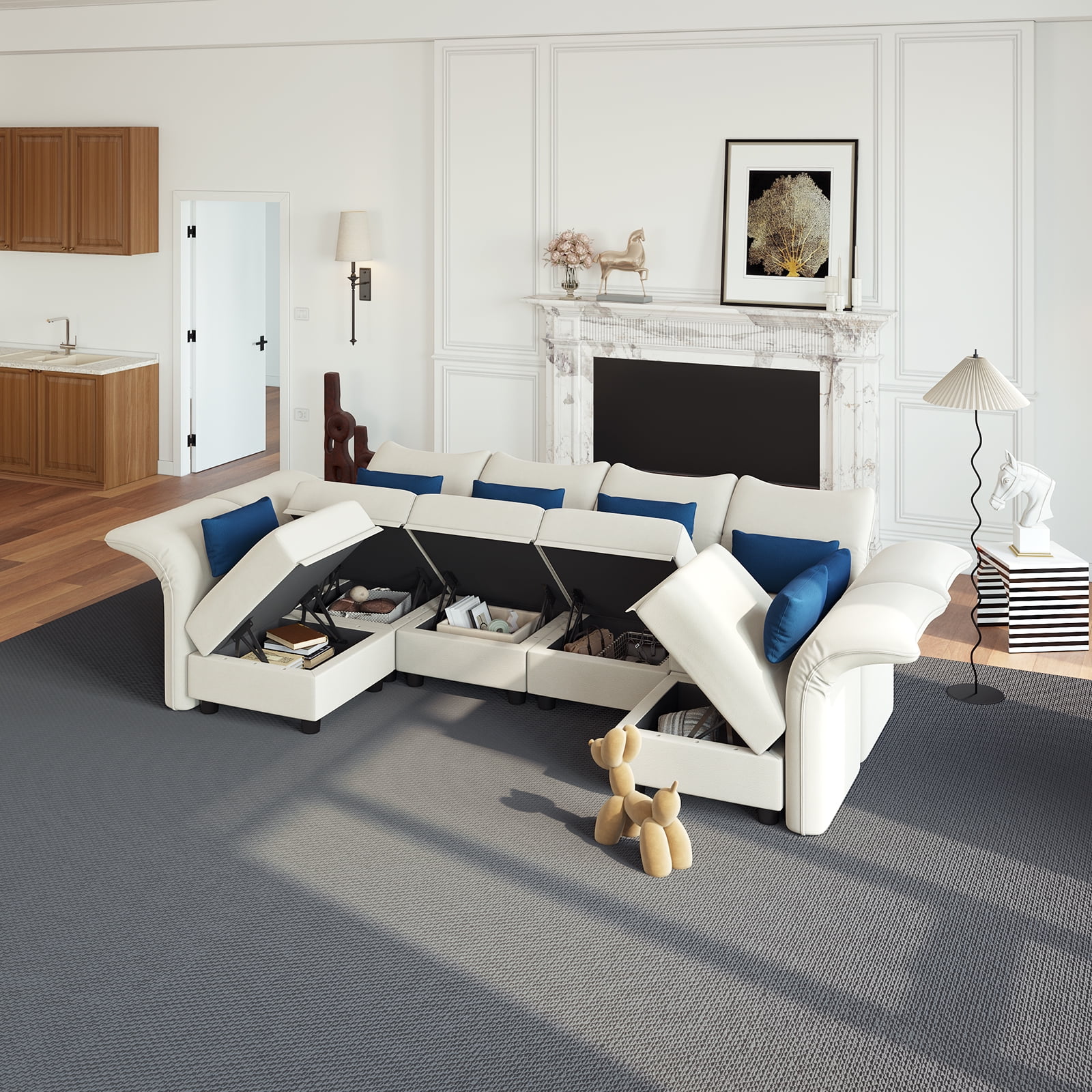 LLappuil 127.8" 6-Seater Velvet U Shaped Modular Sectional Sofa with Storage Chaise, High Back Recliner Modular Sleeper Couches for Living Room, Anti-Scratch White