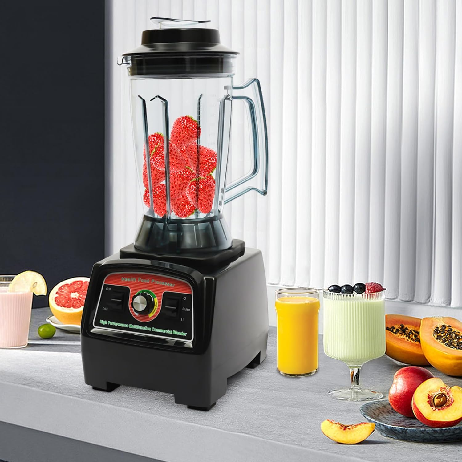 1.03Gal Commercial Grade Home Blender, Heavy Duty High Power Fruit High-Speed Professional Stainless Countertop Food Processor Mixer with Mixing Stick for Home Kitchen Restarunt Store
