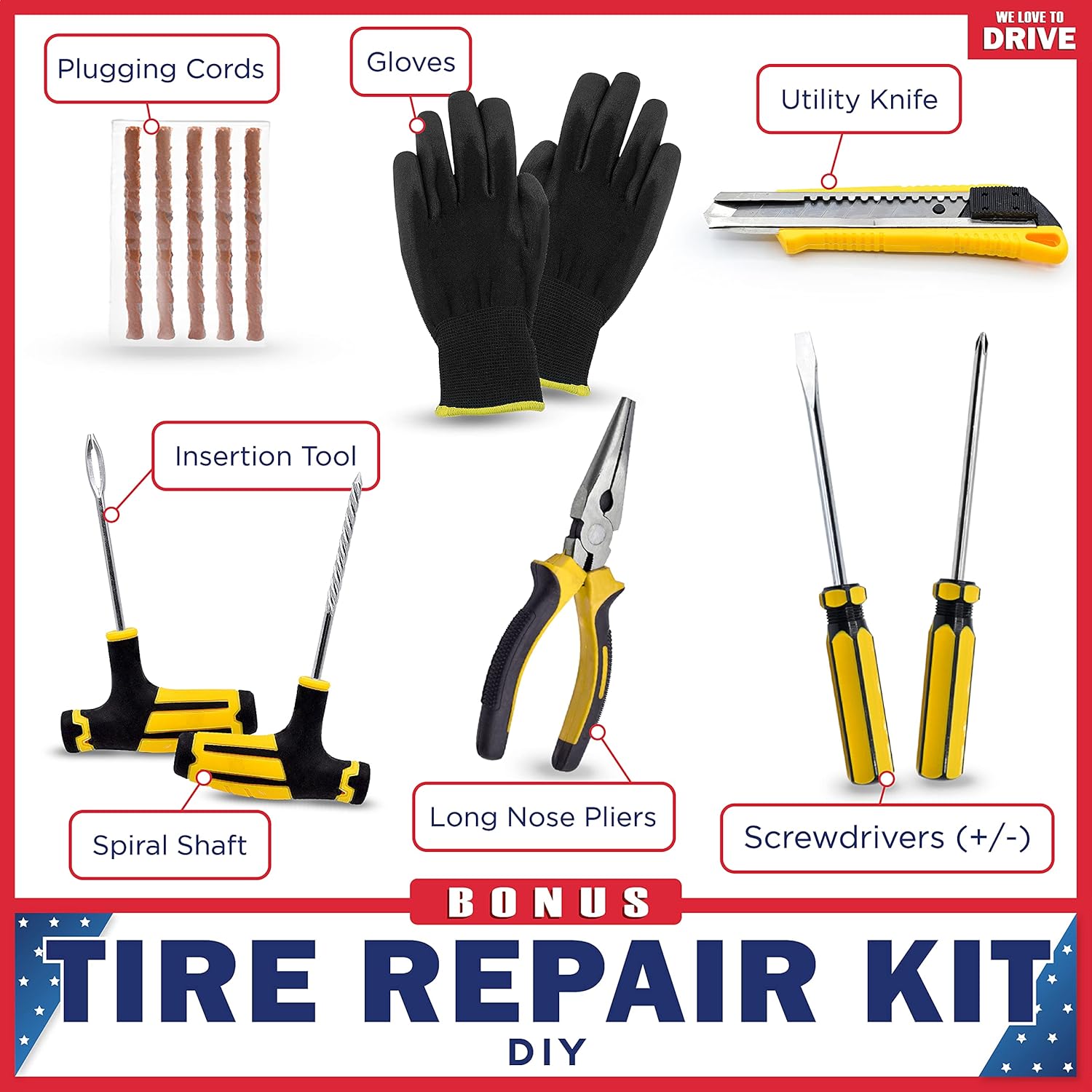 Air Pump and Tire Repair Kit �C 12V DC 150 PSI Portable Air Compressor & Car Emergency Kit with PSI Gauge, Adaptors, Hose, Car Plug, Clip Connectors, Tire Inflator & Tire Patch Kit by WE LOVE TO DRIVE