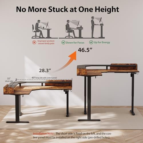 Agilestic L Shaped Electric Standing Desk with 2 Drawers, 63 Inch Ergonomic Adjustable Height Desk with Storage, Corner Desk Sit Stand up Computer Table for Work Office Home, Rustic Brown