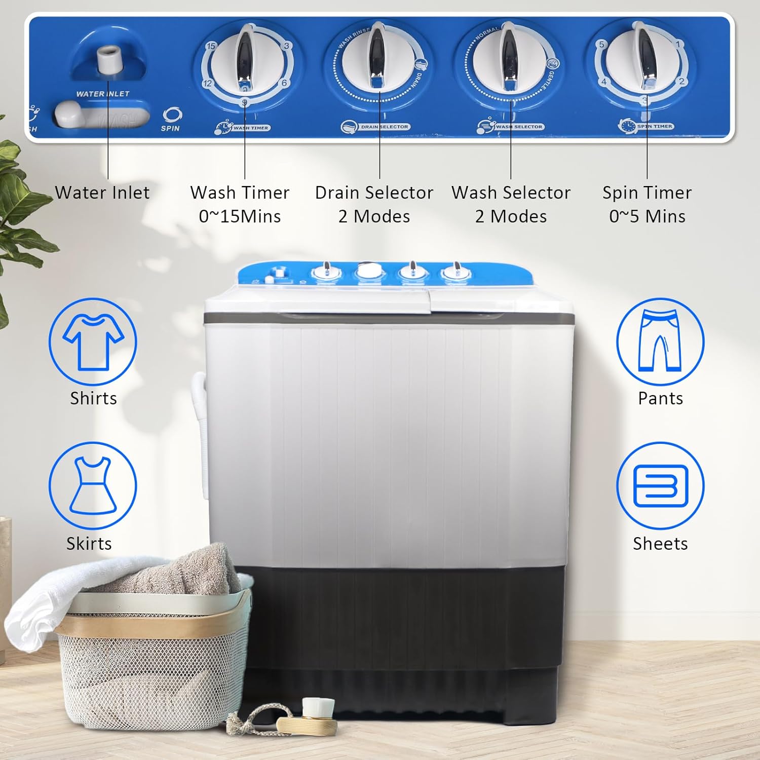 Portable Washing Machine, 15.5 Lbs Semi-Automatic Washer with twin Tub (Wash and Spin Dry), Compact Laundry Washer for Apartments, Dorm, RV