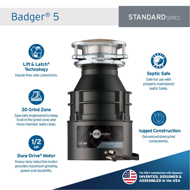 InSinkErator Garbage Disposal with Cord, Badger 5, 1/2 HP Continuous Feed